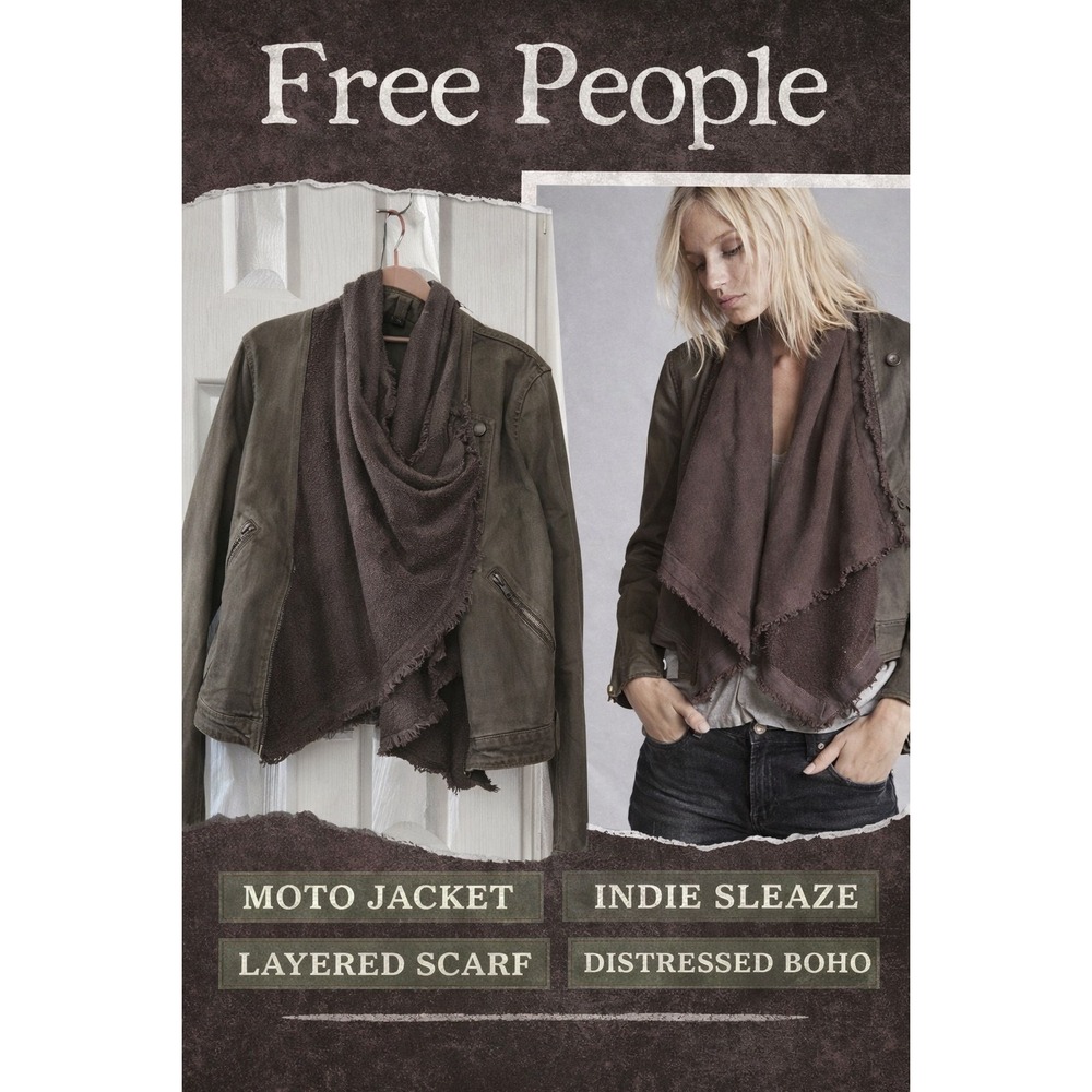 Free People Moto Jacket w Scarf Layered Olive Distressed Indie Sleaze Boho 6‎